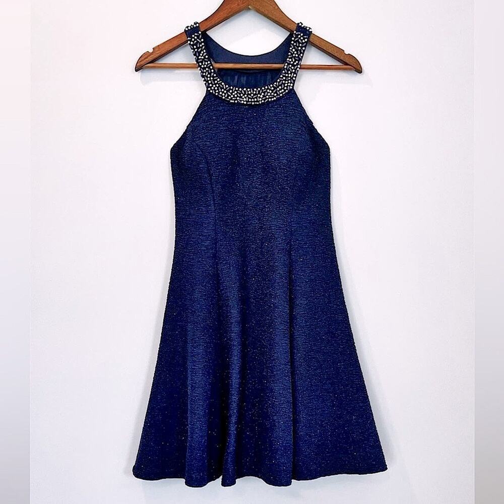 Betsy & Adam Beaded Embellished Halter Neck Minidress Navy Blue Size 4 NWOT